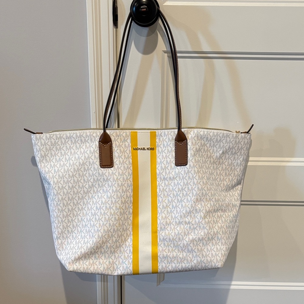 Michael Kors White and Yellow Stripe Tote
